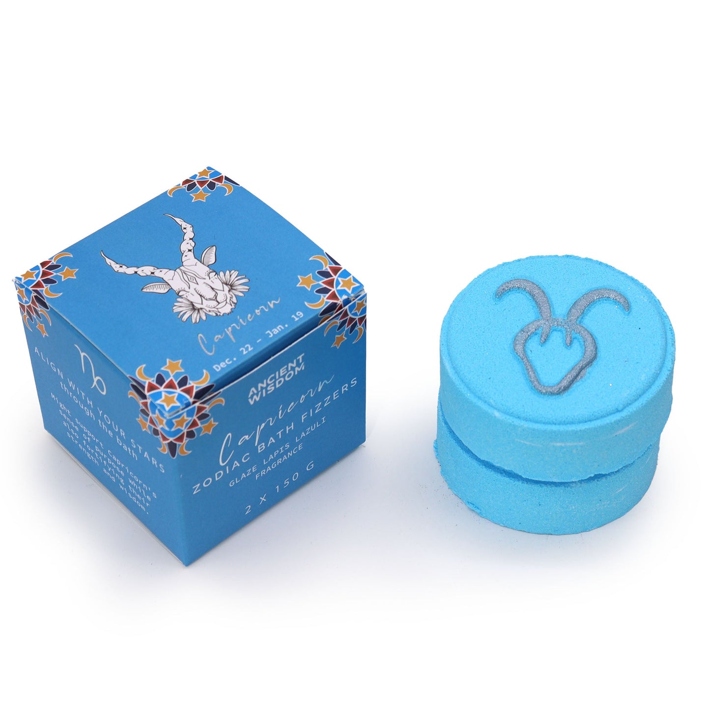 Capricorn Bath Bomb Fizzers - Lapis Lazuli - 2 Pack, blue stacked fizzers beside a blue zodiac box by Quintessential Holistic Health Ltd