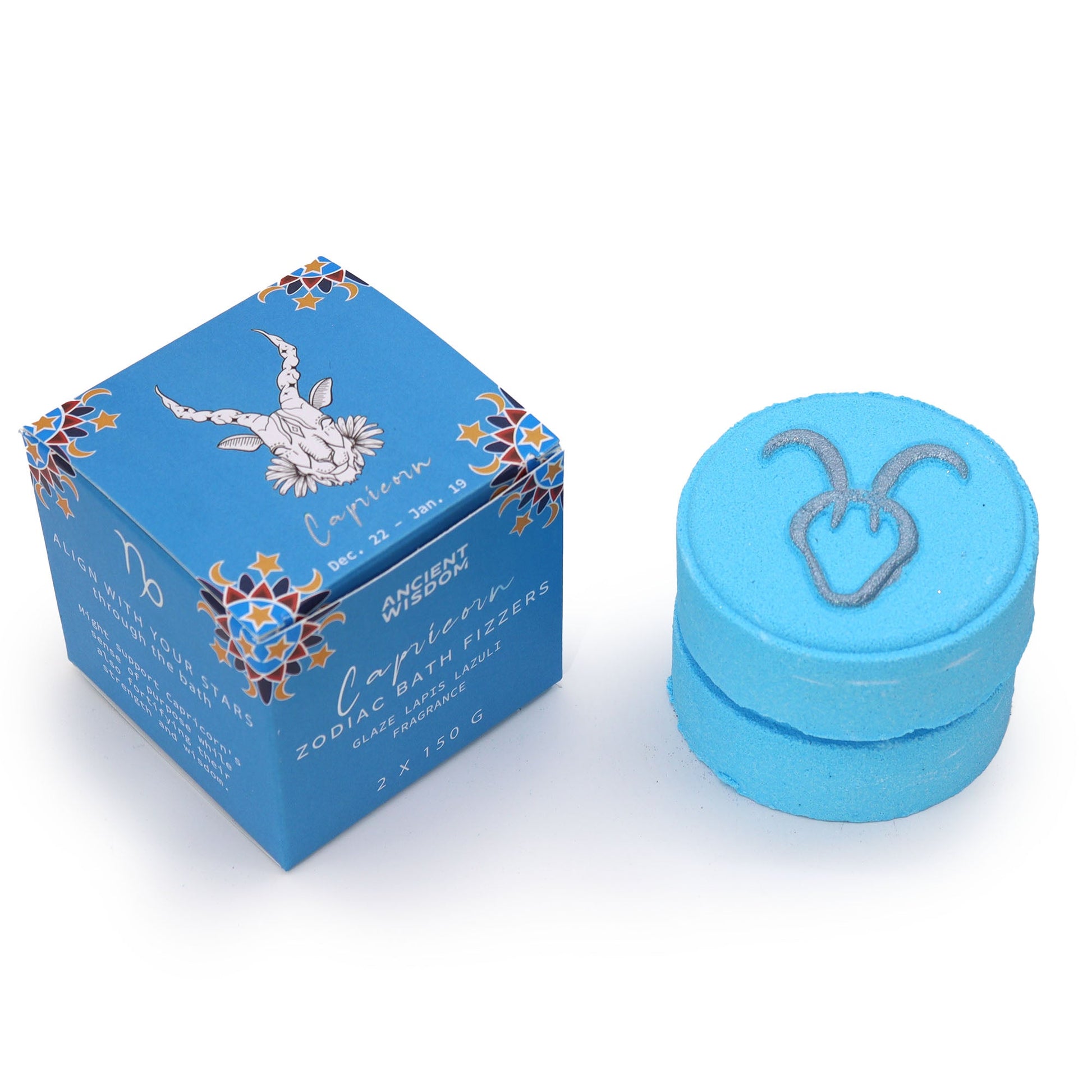Capricorn Bath Bomb Fizzers - Lapis Lazuli - 2 Pack, blue stacked fizzers beside a blue zodiac box by Quintessential Holistic Health Ltd