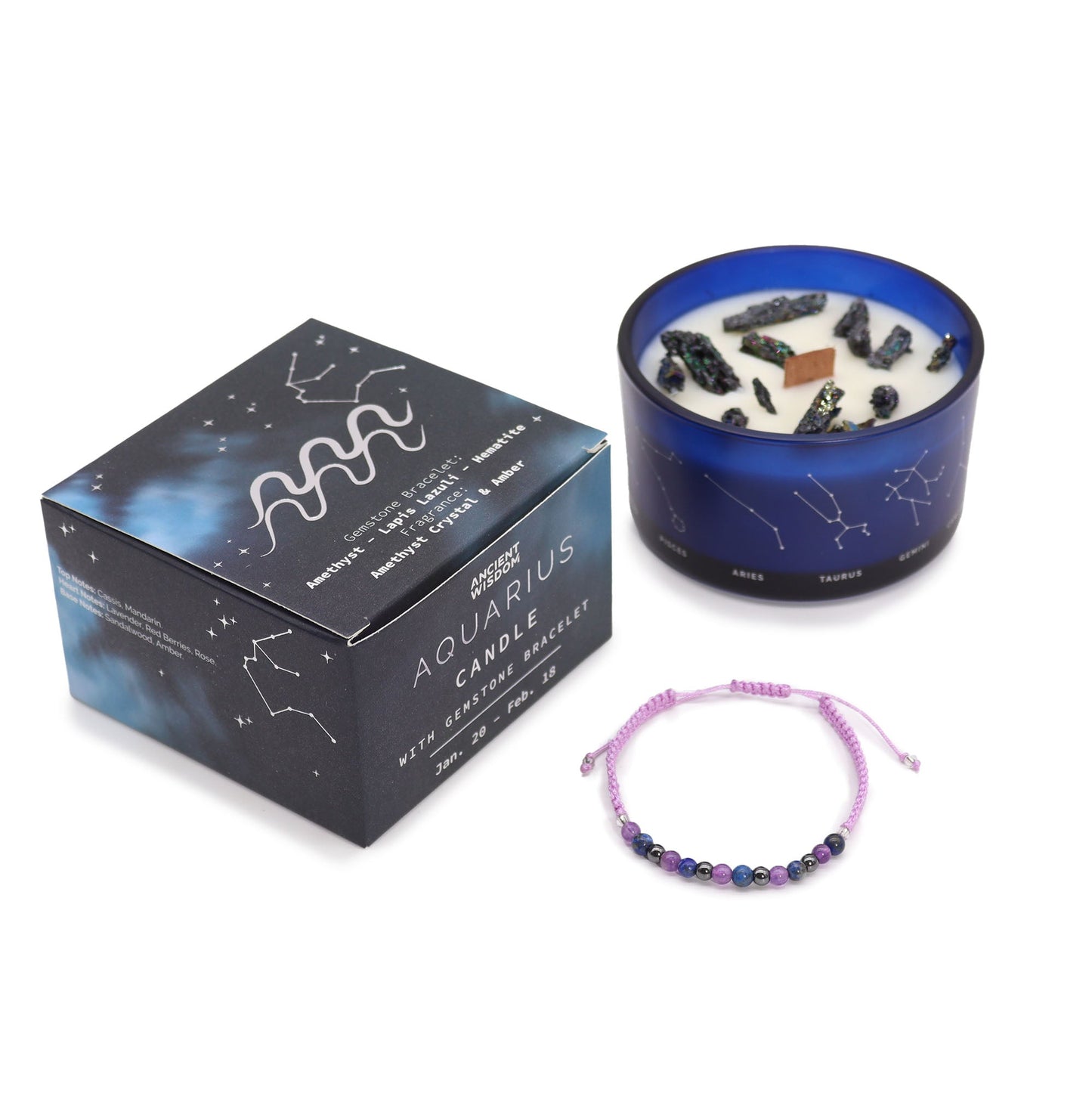 Zodiac Crystal Eco-Friendly SoyWax Candle with Gemstone Bracelet - Aquarious product packaging on clean background from Quintessential Holistic Health Ltd