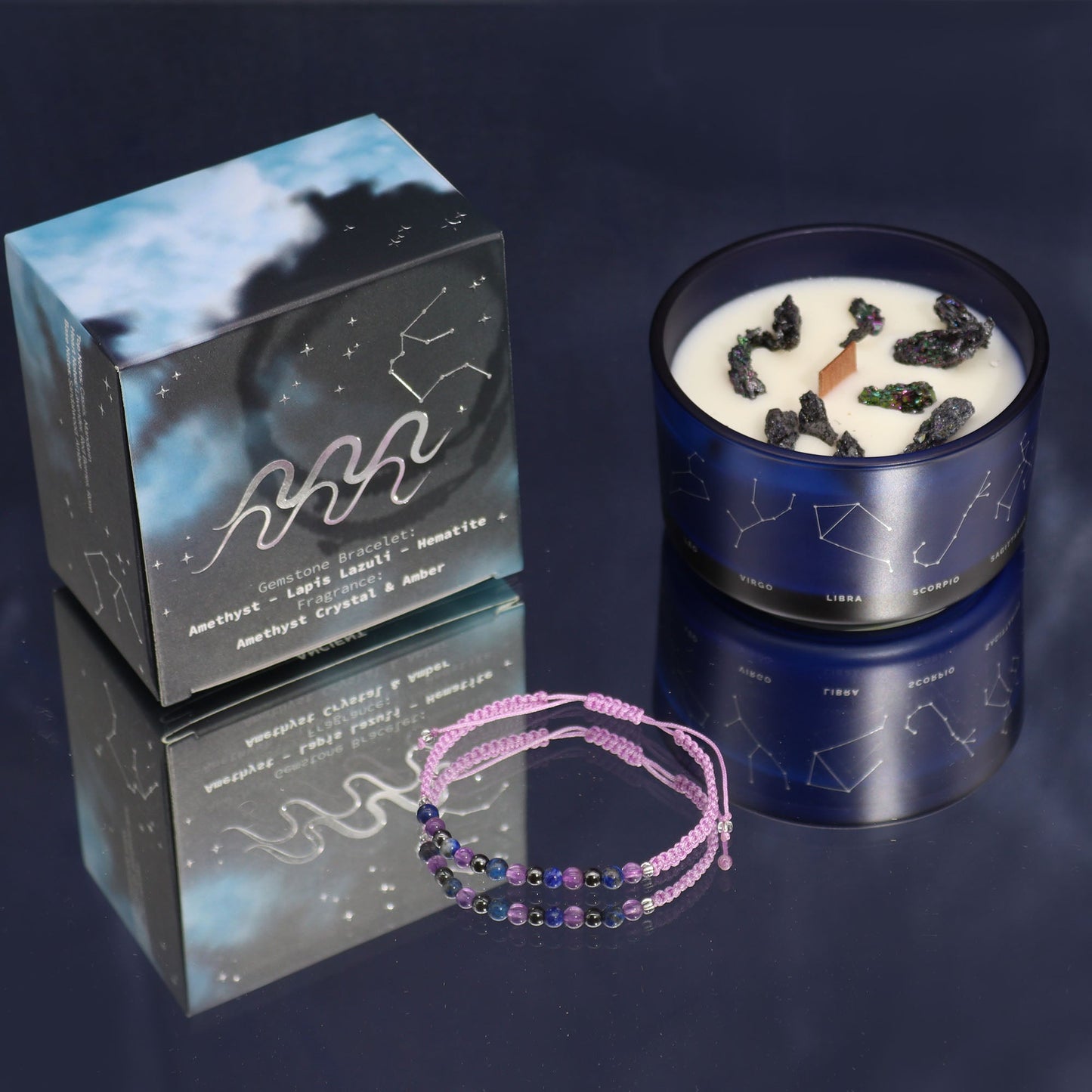 Zodiac Crystal Eco-Friendly SoyWax Candle with Gemstone Bracelet - Aquarious product packaging on clean background from Quintessential Holistic Health Ltd