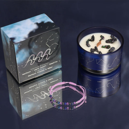 Zodiac Crystal Eco-Friendly SoyWax Candle with Gemstone Bracelet - Aquarious product packaging on clean background from Quintessential Holistic Health Ltd