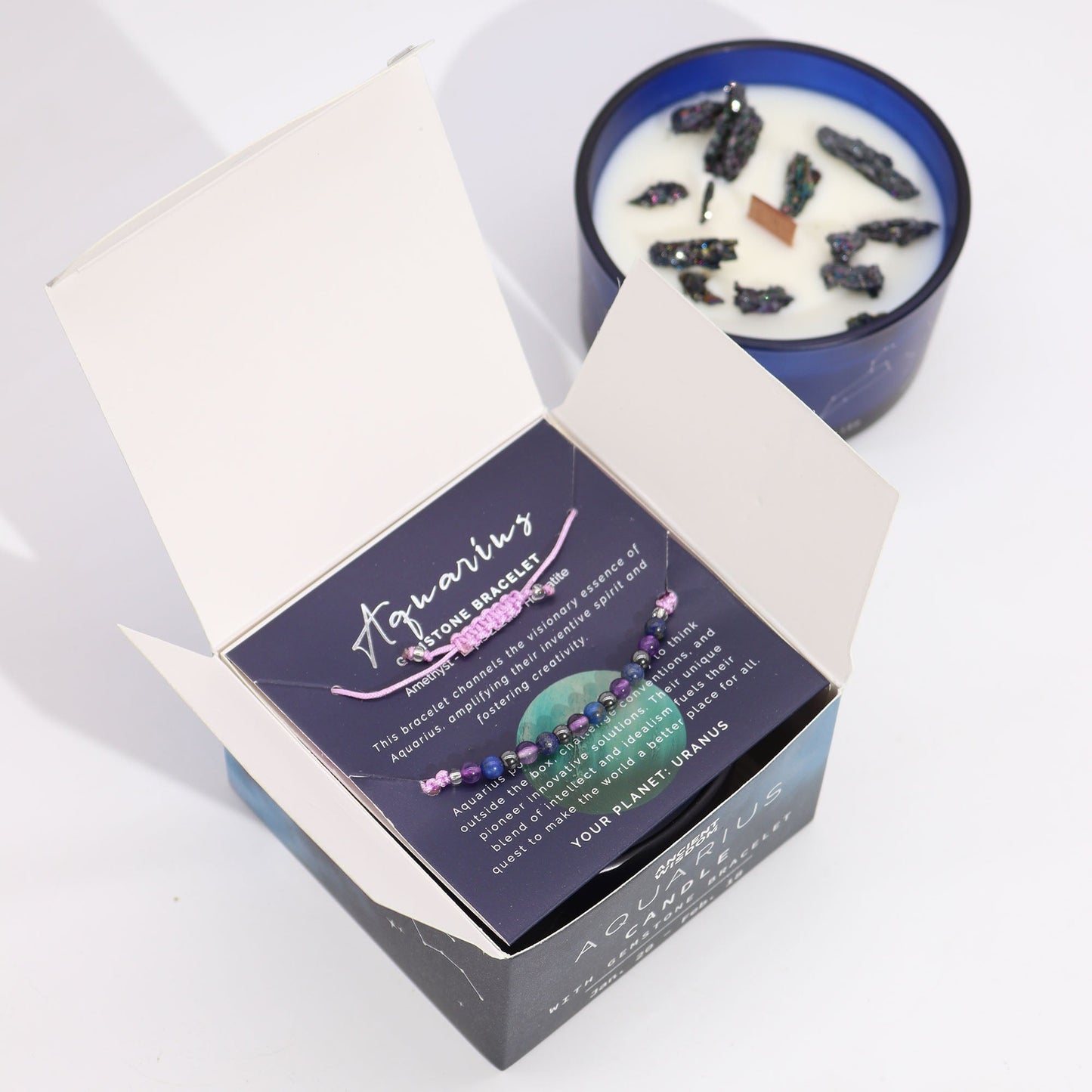 Zodiac Crystal Eco-Friendly SoyWax Candle with Gemstone Bracelet - Aquarious product packaging on clean background from Quintessential Holistic Health Ltd