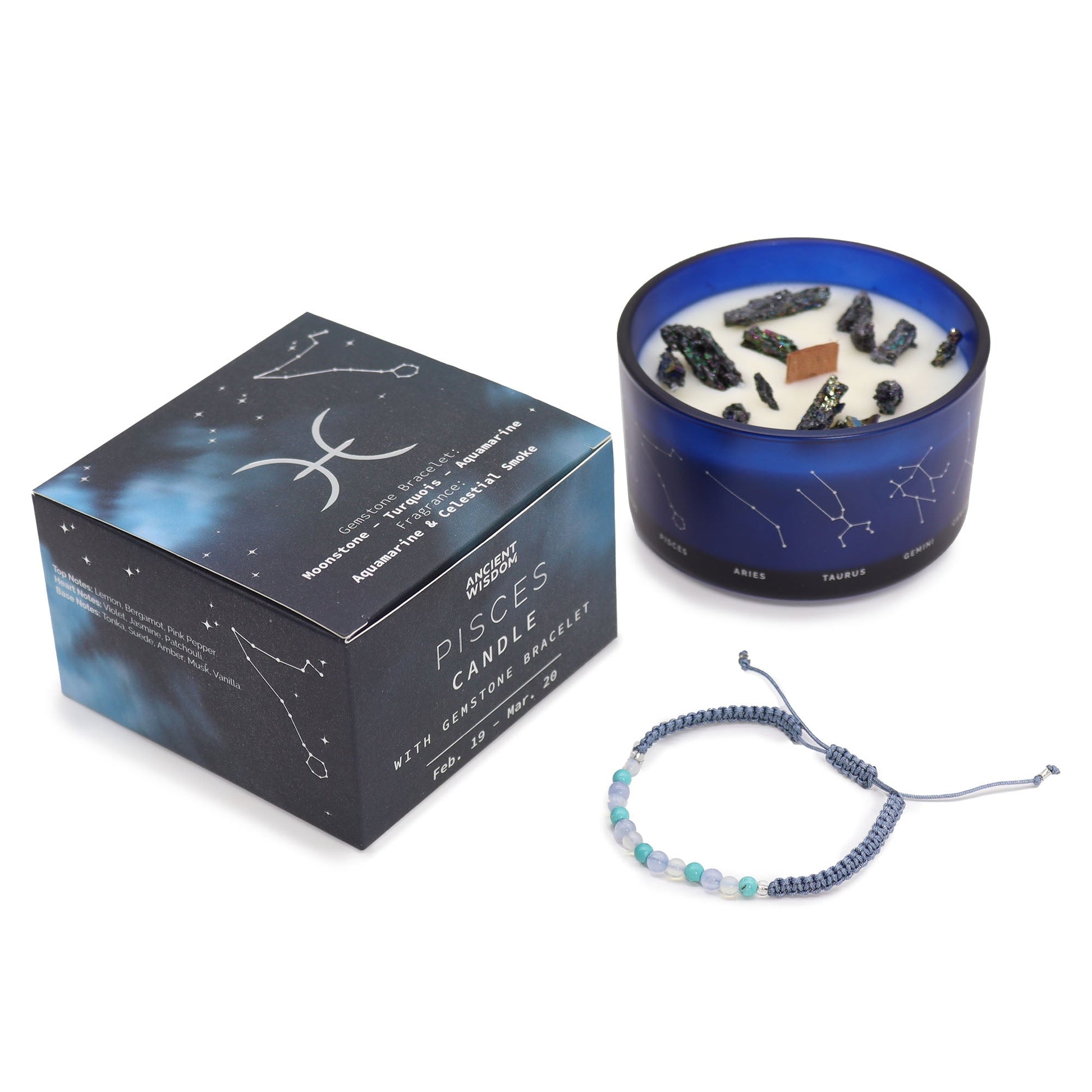 Zodiac Crystal Eco-Friendly Soy Wax Candle with Gemstone Bracelet - Pisces product packaging on clean background from Quintessential Holistic Health Ltd