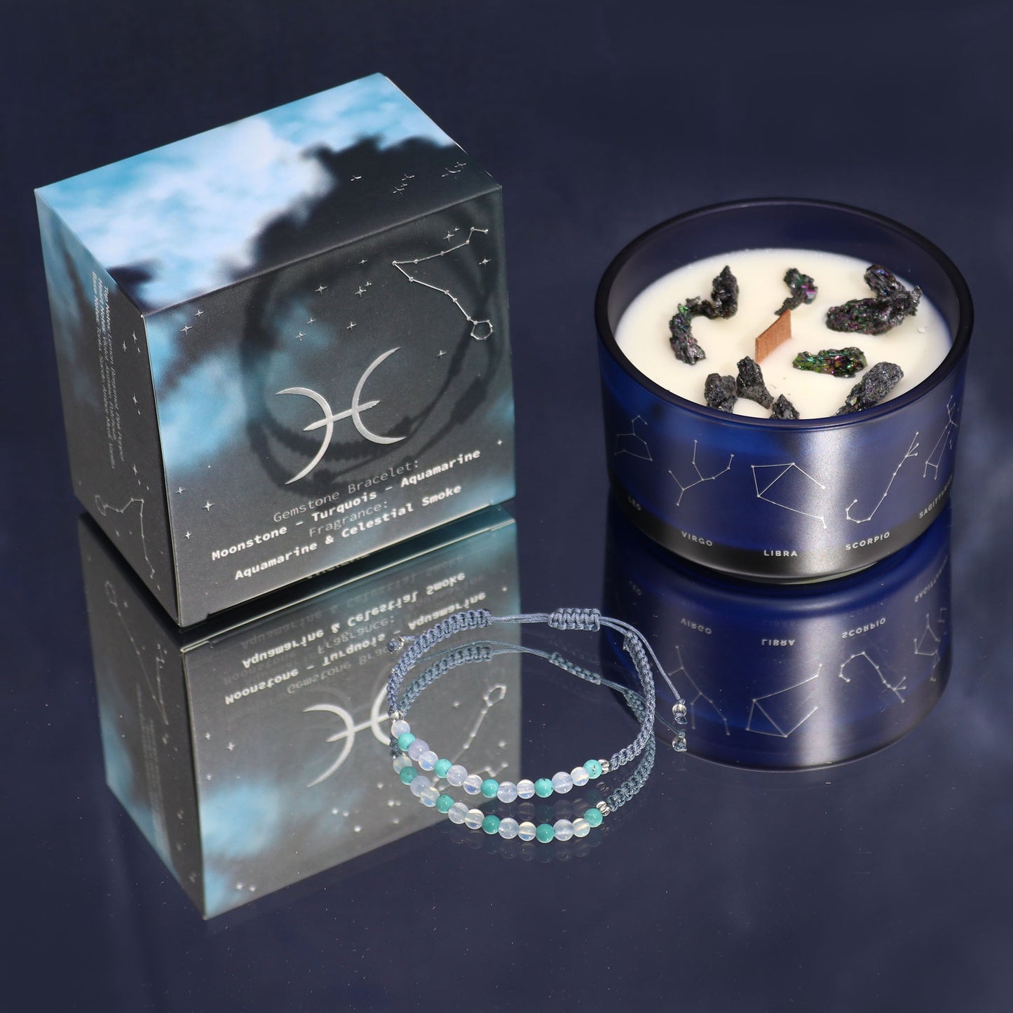 Zodiac Crystal Eco-Friendly Soy Wax Candle with Gemstone Bracelet - Pisces product packaging on clean background from Quintessential Holistic Health Ltd