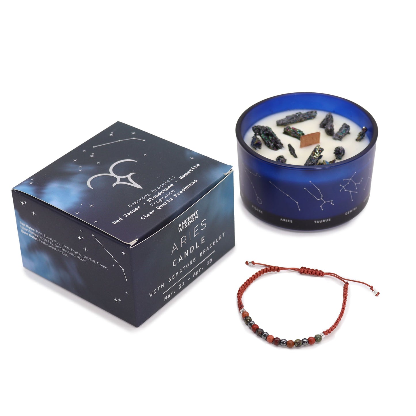 Zodiac Crystal Eco-Friendly Soy Wax Candle with Gemstone Bracelet - Aries product packaging on clean background from Quintessential Holistic Health Ltd