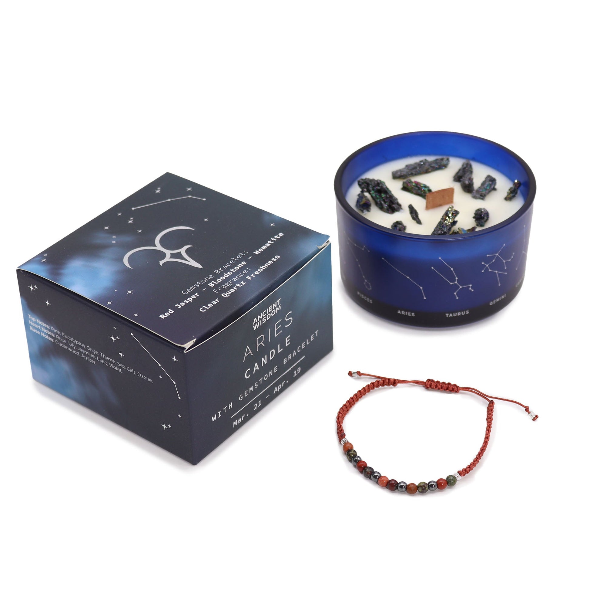 Zodiac Crystal Eco-Friendly Soy Wax Candle with Gemstone Bracelet - Aries product packaging on clean background from Quintessential Holistic Health Ltd