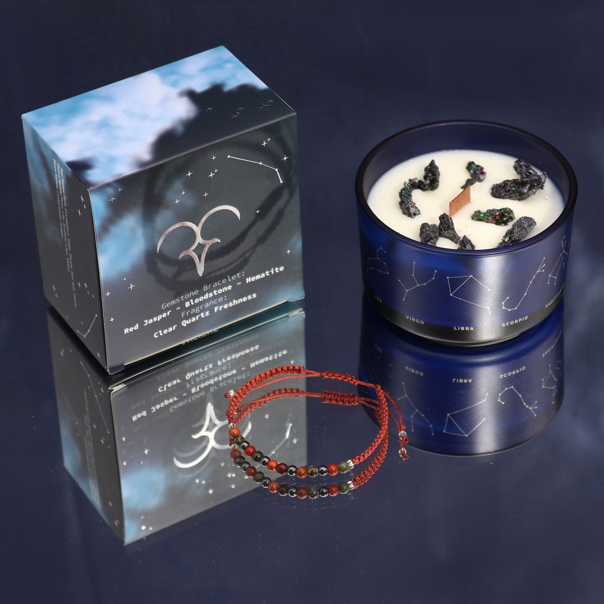 Zodiac Crystal Eco-Friendly Soy Wax Candle with Gemstone Bracelet - Aries product packaging on clean background from Quintessential Holistic Health Ltd