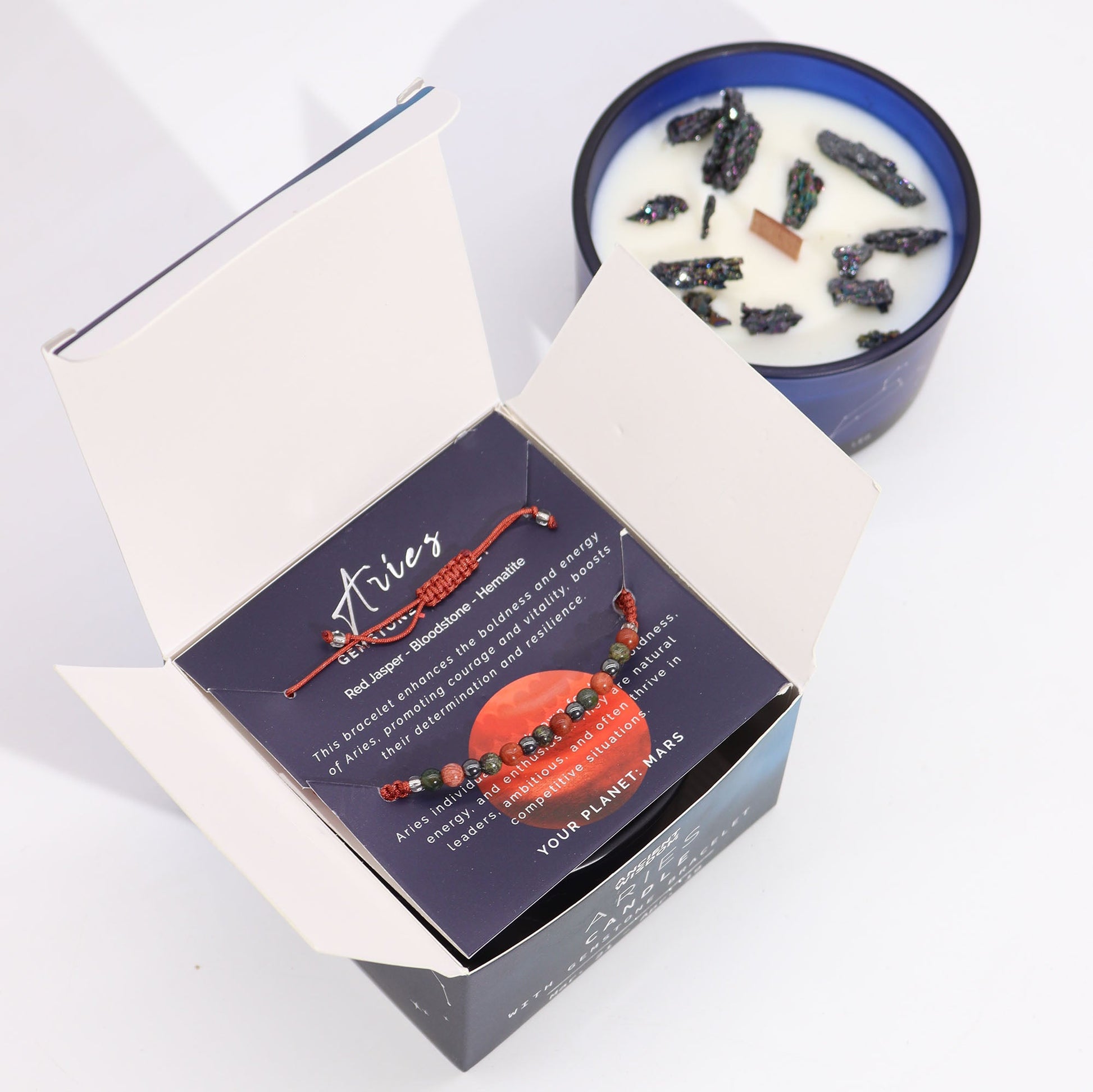 Zodiac Crystal Eco-Friendly Soy Wax Candle with Gemstone Bracelet - Aries product packaging on clean background from Quintessential Holistic Health Ltd