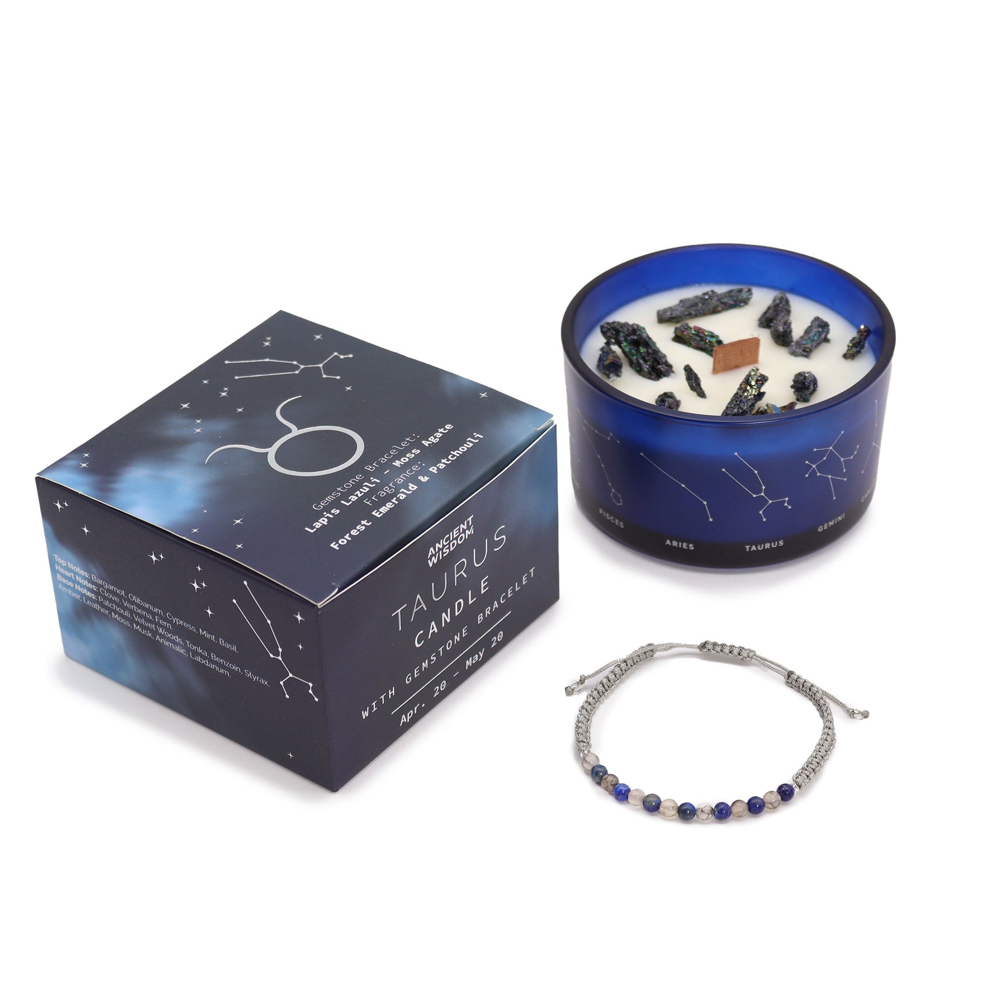 Zodiac Crystal Eco-Friendly Soy Wax Candle with Gemstone Bracelet - Taurus product packaging on clean background from Quintessential Holistic Health Ltd