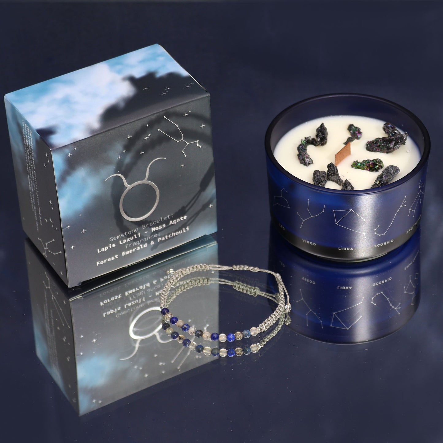 Zodiac Crystal Eco-Friendly Soy Wax Candle with Gemstone Bracelet - Taurus product packaging on clean background from Quintessential Holistic Health Ltd