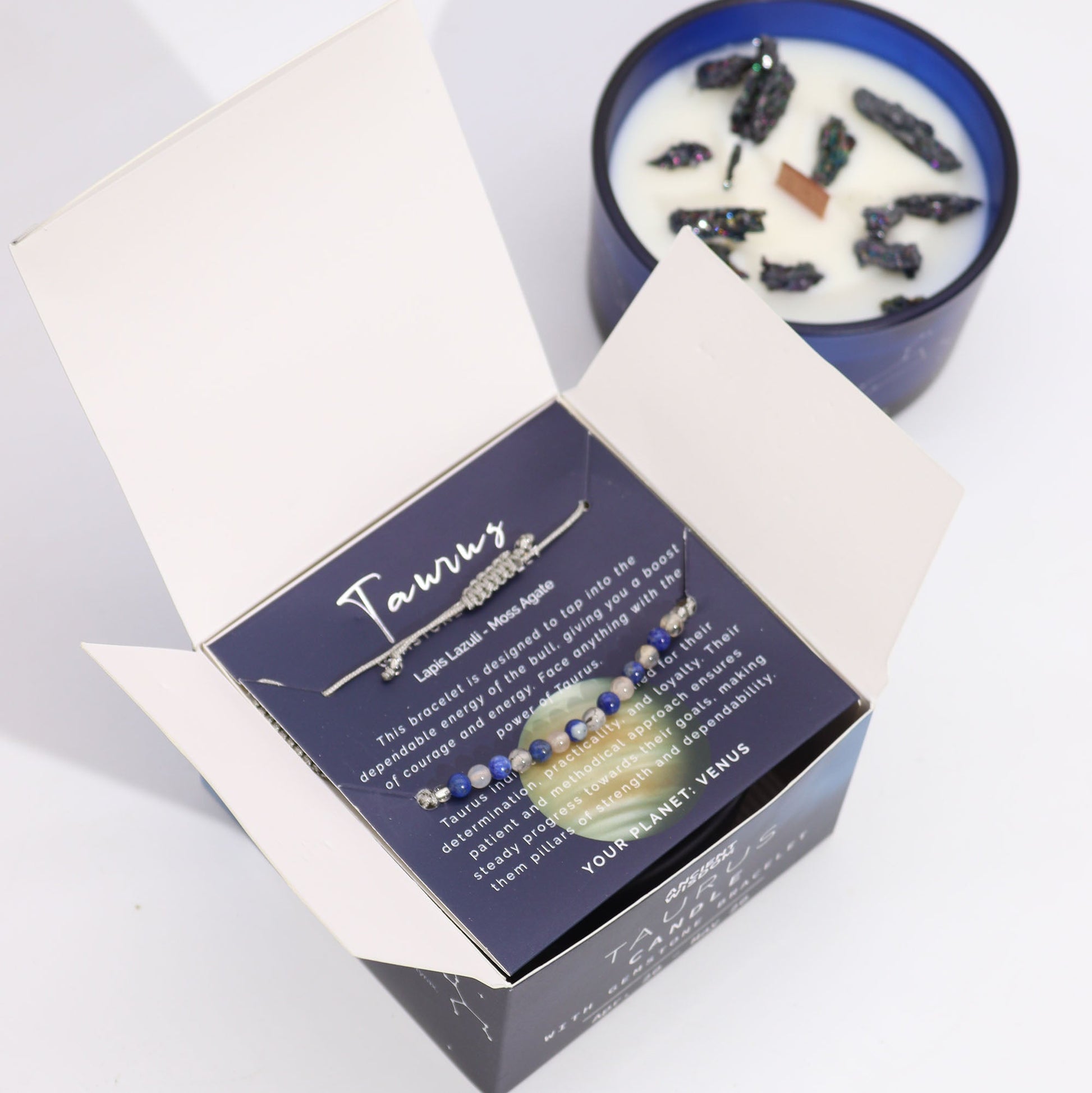 Zodiac Crystal Eco-Friendly Soy Wax Candle with Gemstone Bracelet - Taurus product packaging on clean background from Quintessential Holistic Health Ltd