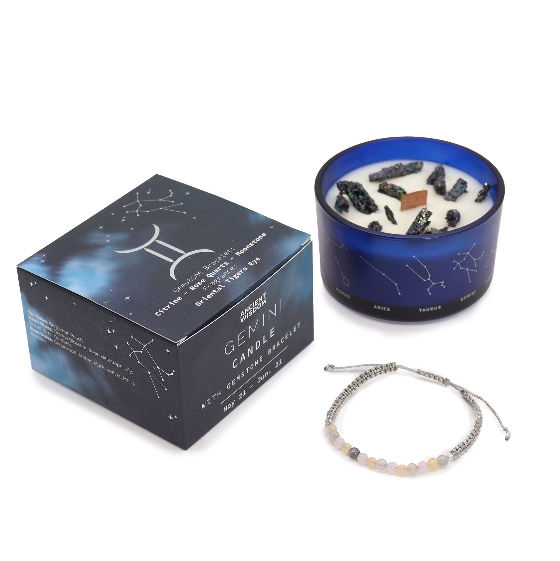 Zodiac Crystal Eco-Friendly Soy Wax Candle with Gemstone Bracelet - Gemini product packaging on clean background from Quintessential Holistic Health Ltd