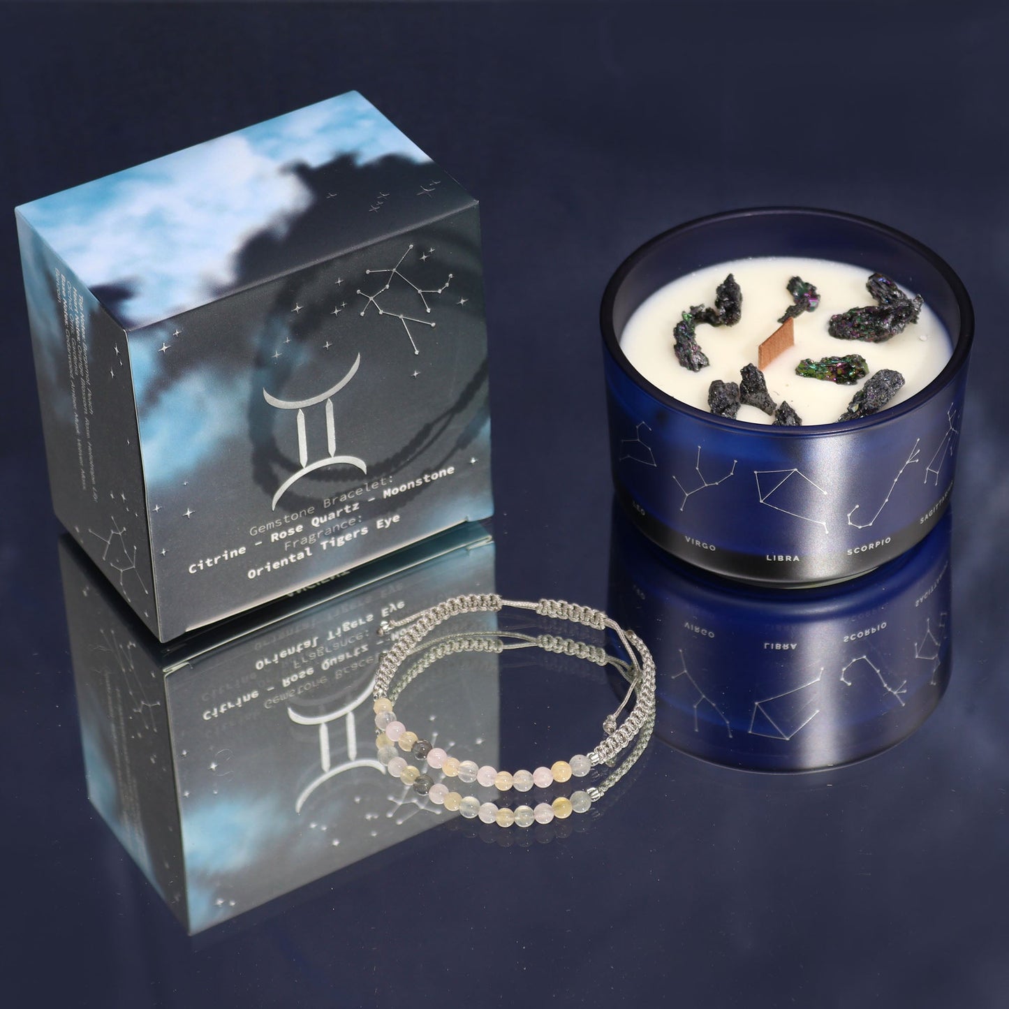 Zodiac Crystal Eco-Friendly Soy Wax Candle with Gemstone Bracelet - Gemini product packaging on clean background from Quintessential Holistic Health Ltd
