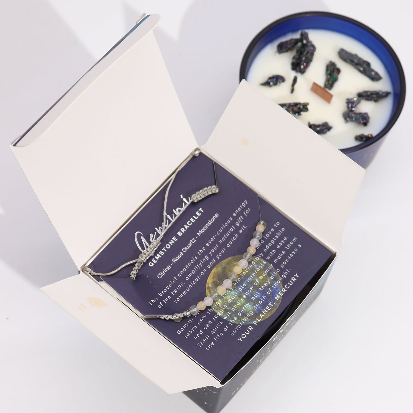 Zodiac Crystal Eco-Friendly Soy Wax Candle with Gemstone Bracelet - Gemini product packaging on clean background from Quintessential Holistic Health Ltd