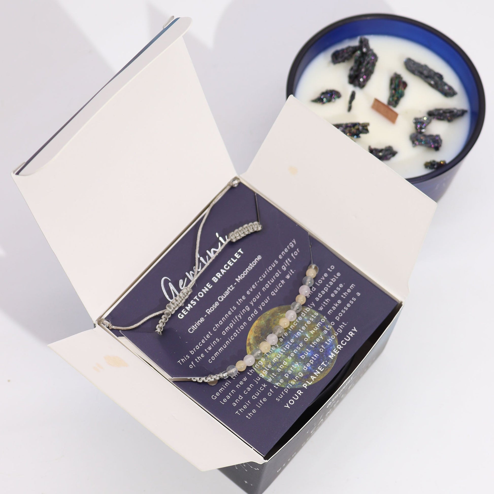 Zodiac Crystal Eco-Friendly Soy Wax Candle with Gemstone Bracelet - Gemini product packaging on clean background from Quintessential Holistic Health Ltd