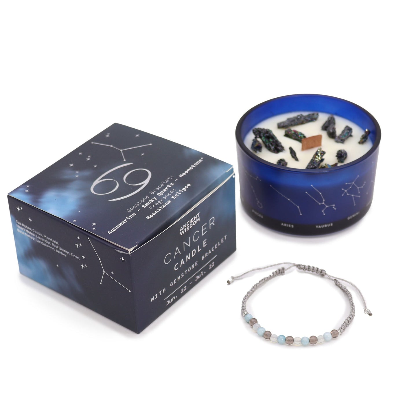 Zodiac Crystal Eco-Friendly Soy Wax Candle with Gemstone Bracelet - Cancer product packaging on clean background from Quintessential Holistic Health Ltd