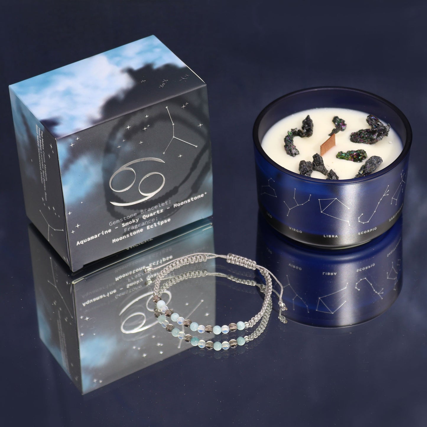 Zodiac Crystal Eco-Friendly Soy Wax Candle with Gemstone Bracelet - Cancer product packaging on clean background from Quintessential Holistic Health Ltd
