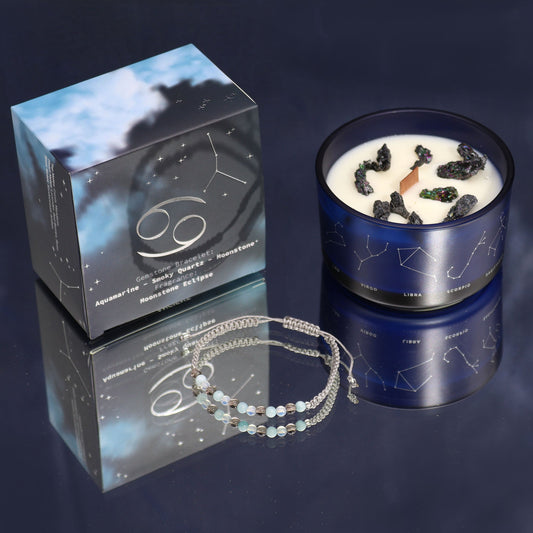 Zodiac Crystal Eco-Friendly Soy Wax Candle with Gemstone Bracelet - Cancer product packaging on clean background from Quintessential Holistic Health Ltd