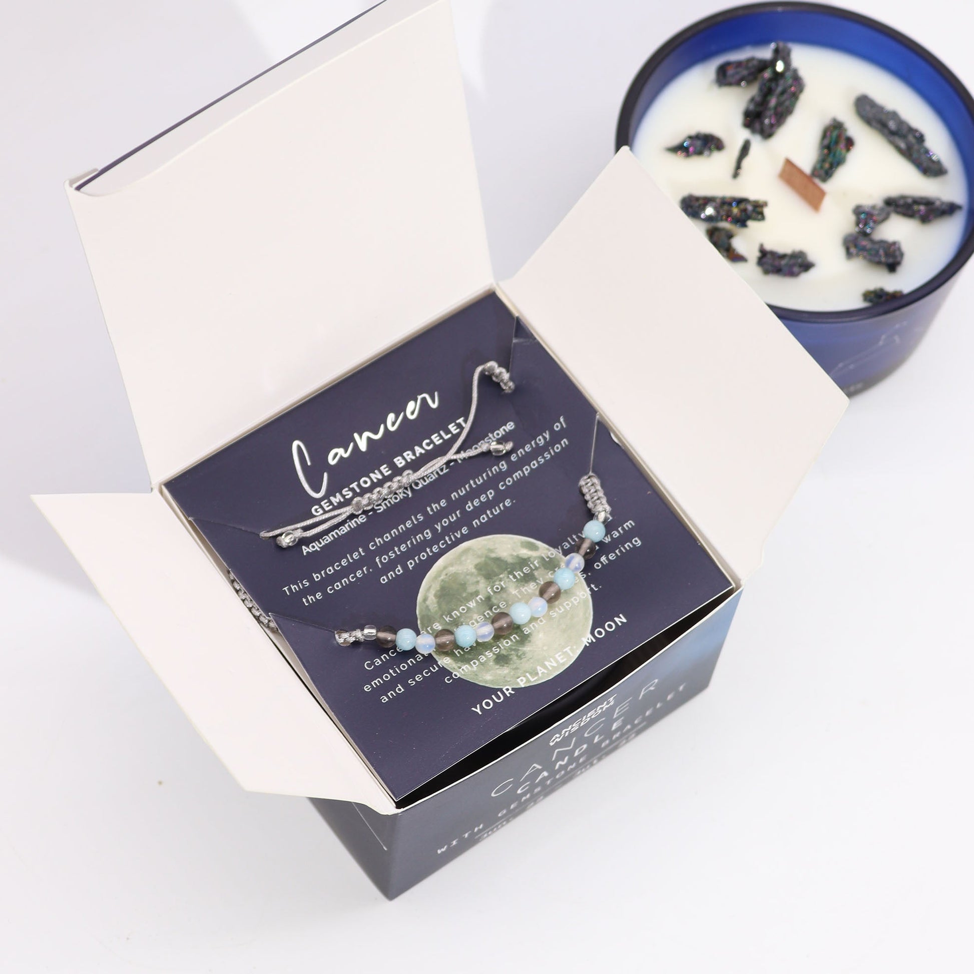 Zodiac Crystal Eco-Friendly Soy Wax Candle with Gemstone Bracelet - Cancer product packaging on clean background from Quintessential Holistic Health Ltd