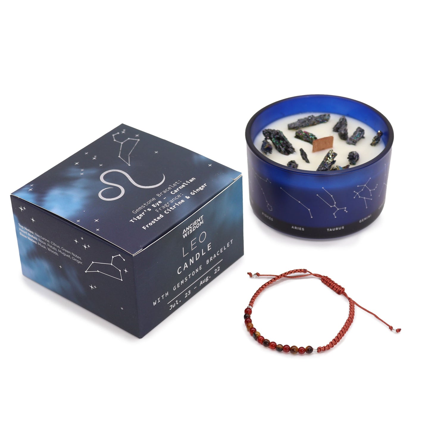 Zodiac Crystal Eco-Friendly Soy Wax Candle with Gemstone Bracelet - Leo product packaging on clean background from Quintessential Holistic Health Ltd