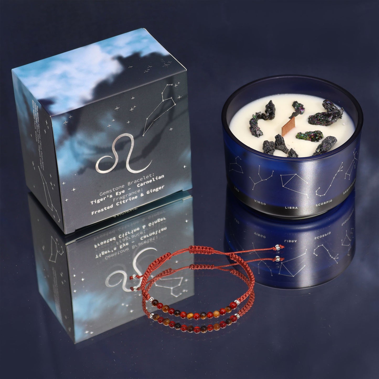 Zodiac Crystal Eco-Friendly Soy Wax Candle with Gemstone Bracelet - Leo product packaging on clean background from Quintessential Holistic Health Ltd