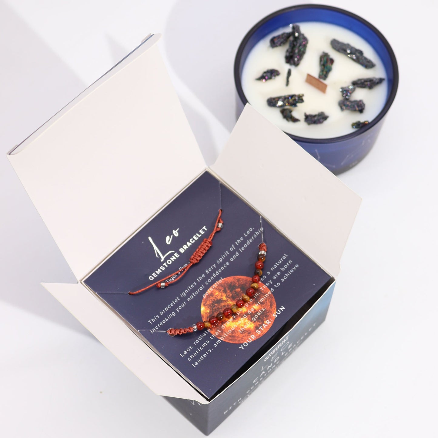 Zodiac Crystal Eco-Friendly Soy Wax Candle with Gemstone Bracelet - Leo product packaging on clean background from Quintessential Holistic Health Ltd