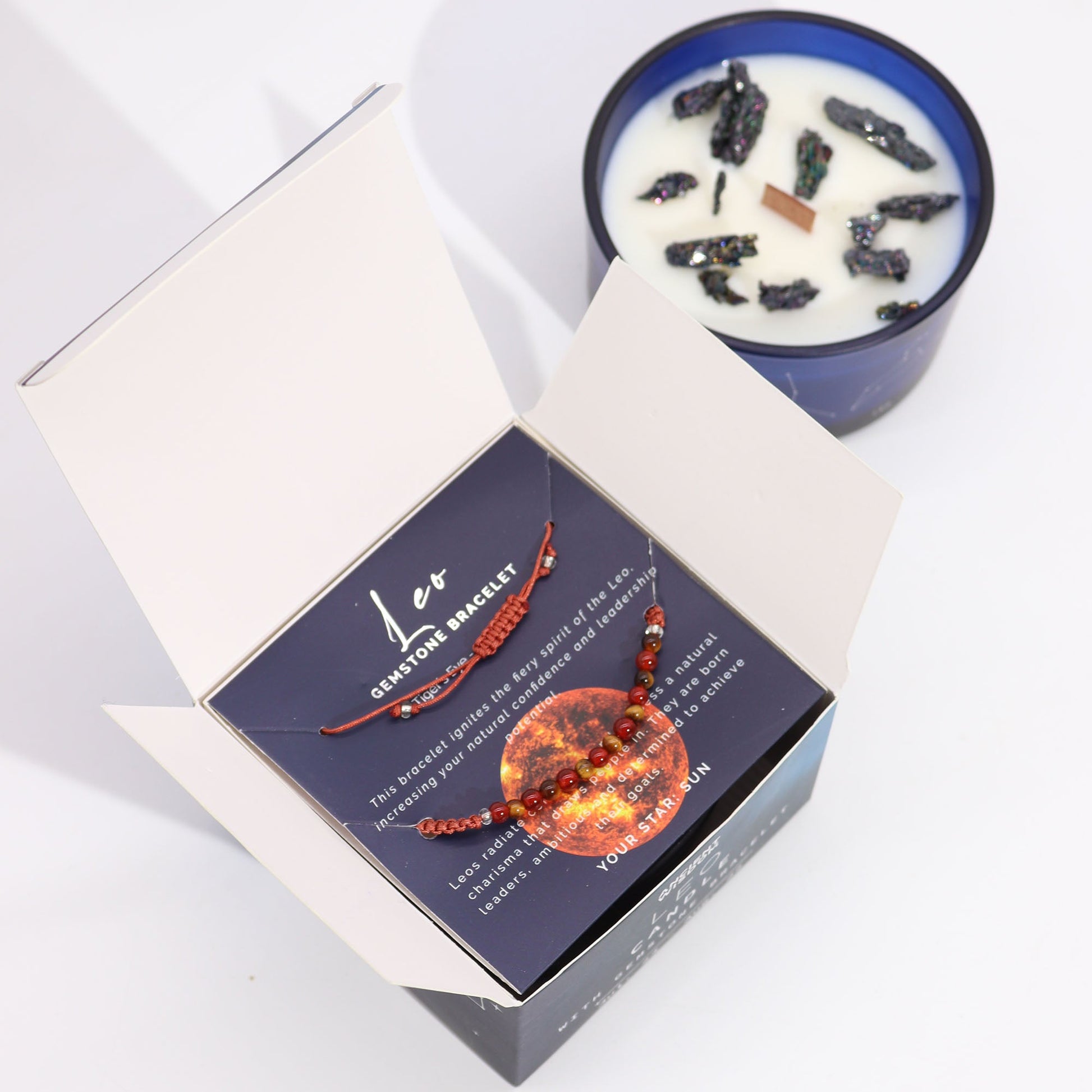 Zodiac Crystal Eco-Friendly Soy Wax Candle with Gemstone Bracelet - Leo product packaging on clean background from Quintessential Holistic Health Ltd