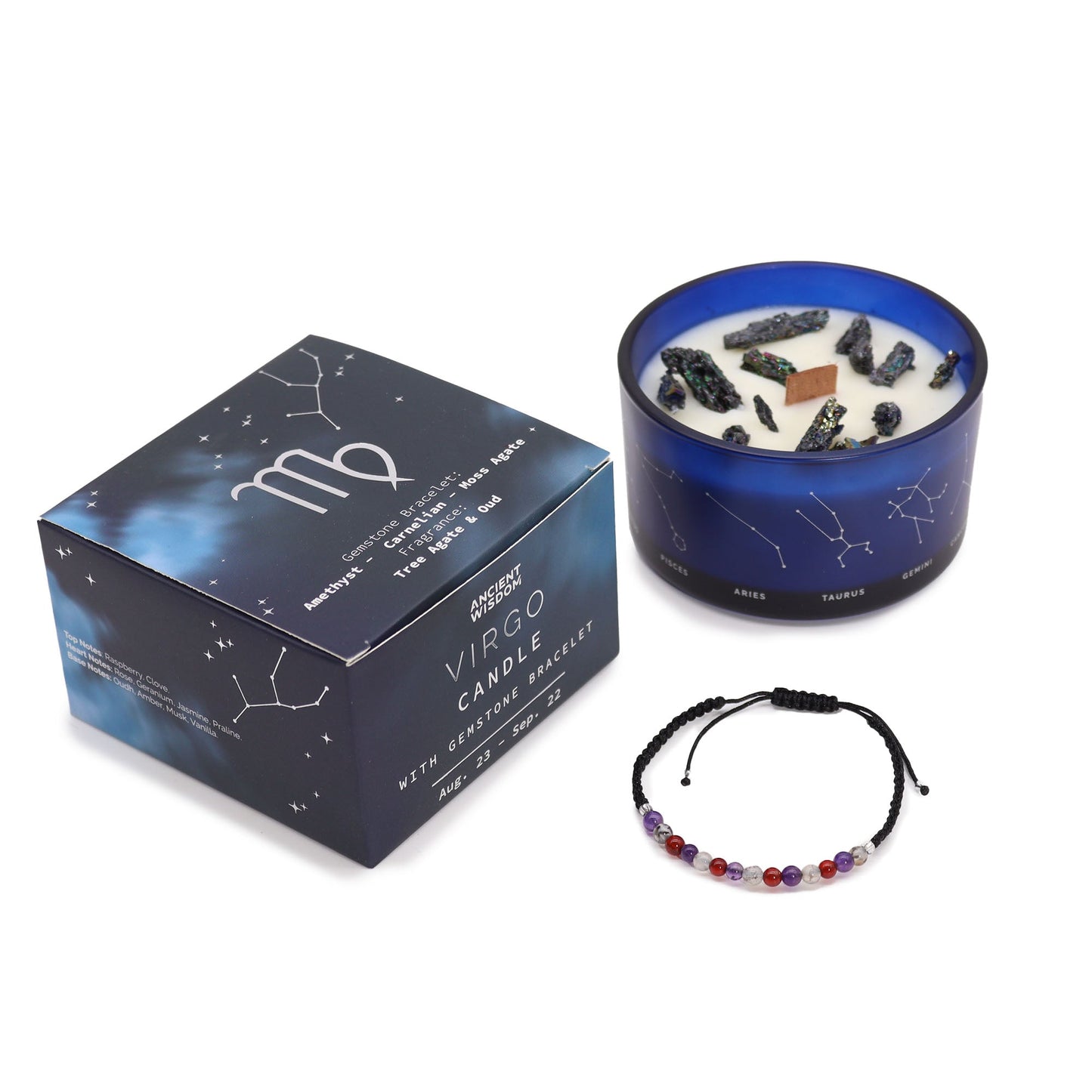 Zodiac Crystal Eco-Friendly Soy Wax Candle with Gemstone Bracelet - Virgo product packaging on clean background from Quintessential Holistic Health Ltd