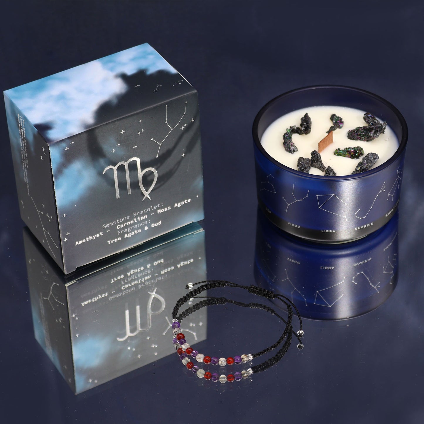Zodiac Crystal Eco-Friendly Soy Wax Candle with Gemstone Bracelet - Virgo product packaging on clean background from Quintessential Holistic Health Ltd
