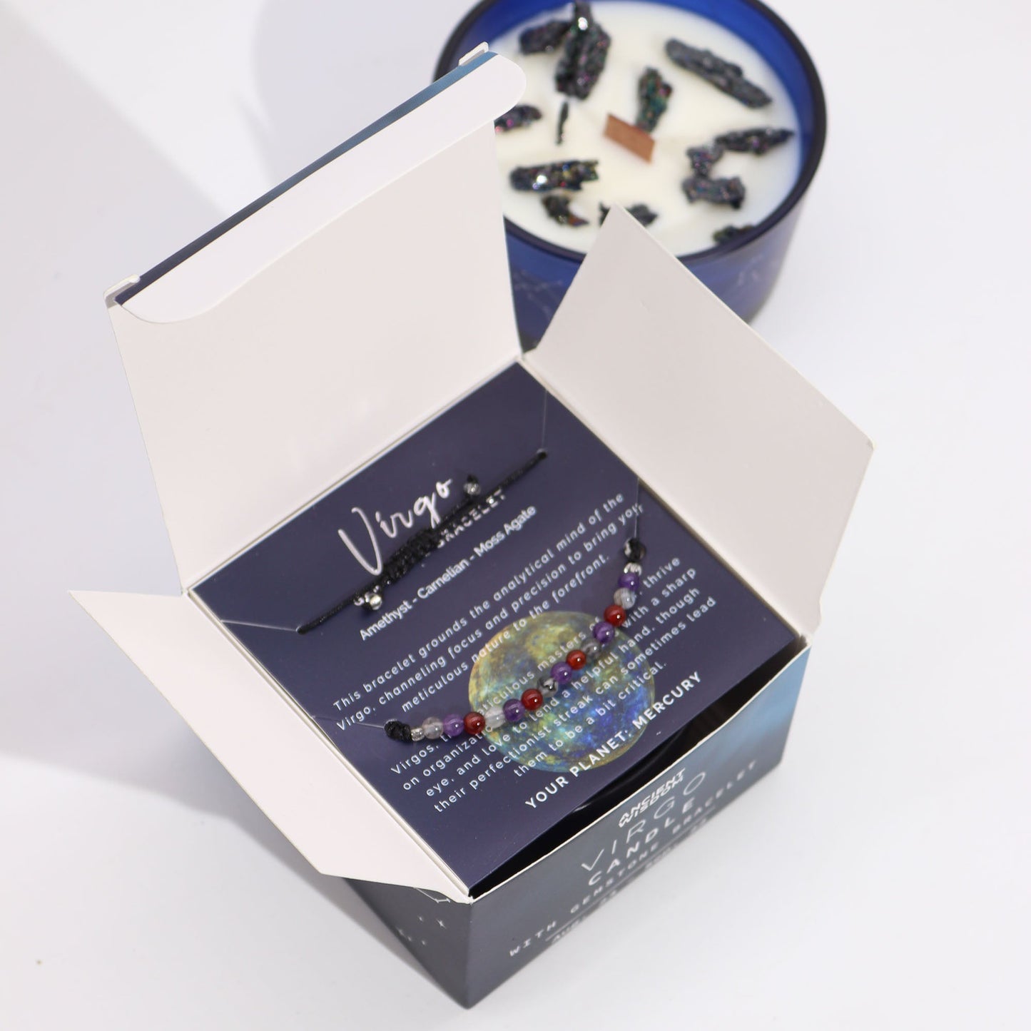 Zodiac Crystal Eco-Friendly Soy Wax Candle with Gemstone Bracelet - Virgo product packaging on clean background from Quintessential Holistic Health Ltd