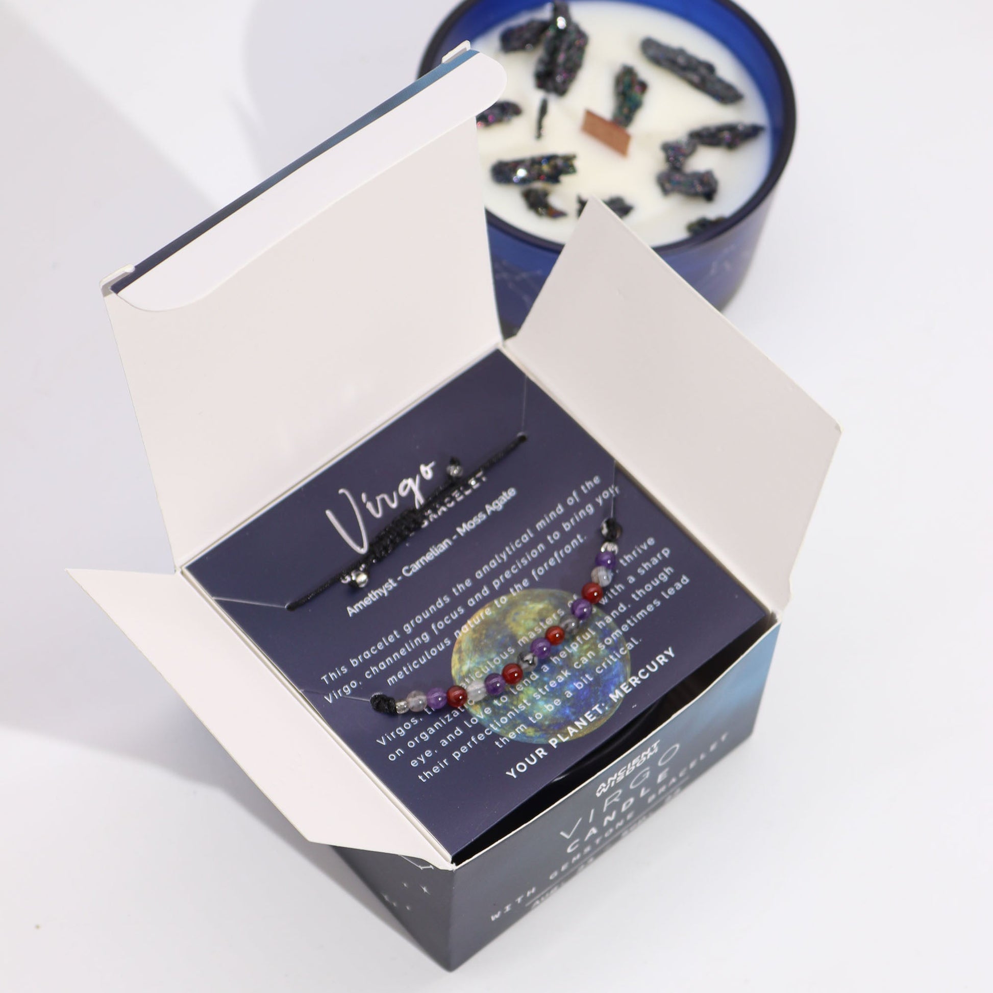 Zodiac Crystal Eco-Friendly Soy Wax Candle with Gemstone Bracelet - Virgo product packaging on clean background from Quintessential Holistic Health Ltd