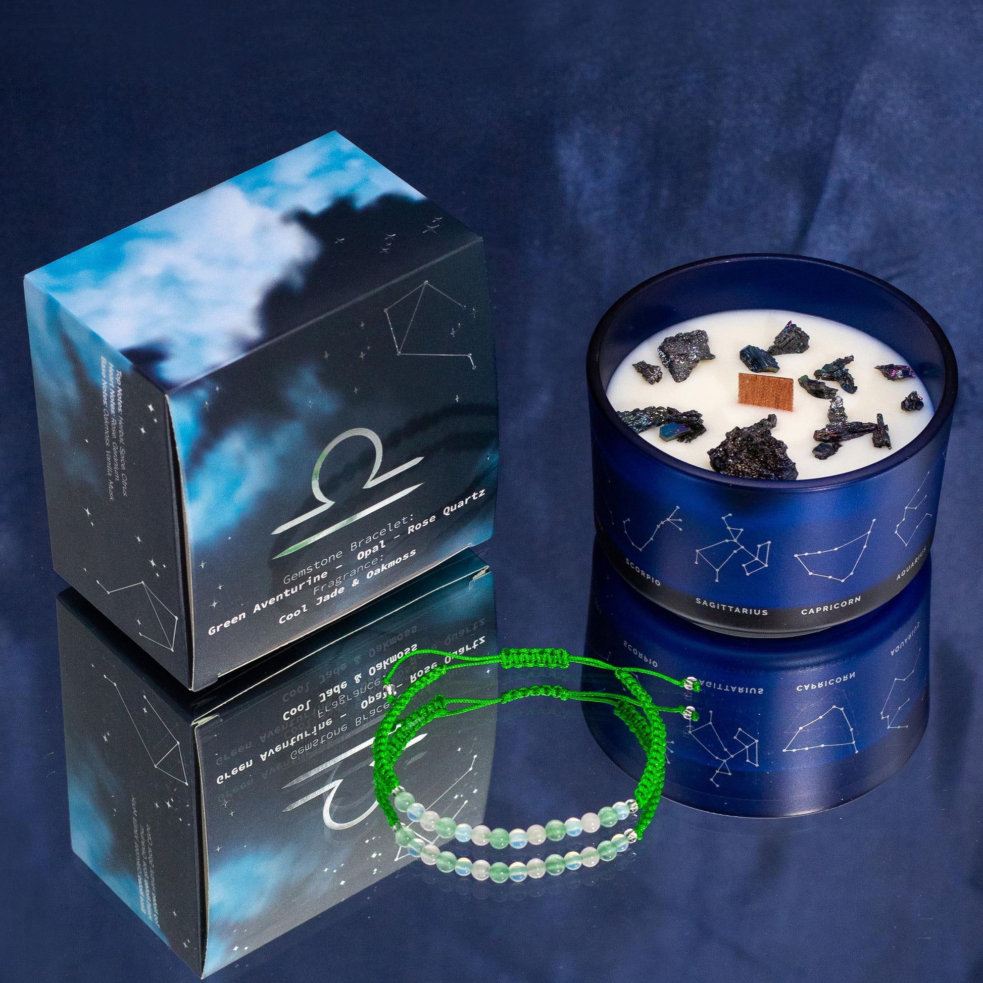 Zodiac Crystal Eco-Friendly Soy Wax Candle with Gemstone Bracelet - Libra product packaging on clean background from Quintessential Holistic Health Ltd