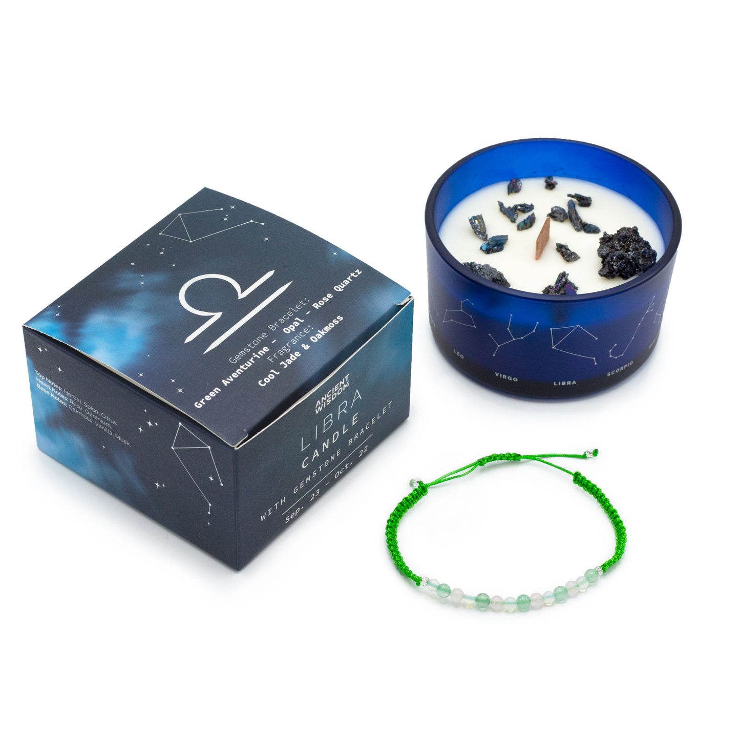 Zodiac Crystal Eco-Friendly Soy Wax Candle with Gemstone Bracelet - Libra product packaging on clean background from Quintessential Holistic Health Ltd