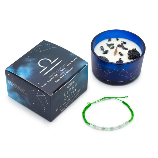 Zodiac Crystal Eco-Friendly Soy Wax Candle with Gemstone Bracelet - Libra product packaging on clean background from Quintessential Holistic Health Ltd