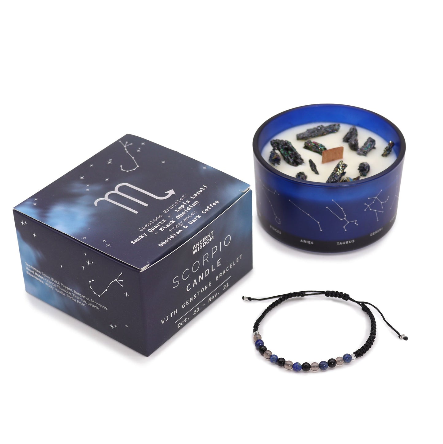 Zodiac Crystal Eco-Friendly Soy Wax Candle with Gemstone Bracelet - Scorpio product packaging on clean background from Quintessential Holistic Health Ltd