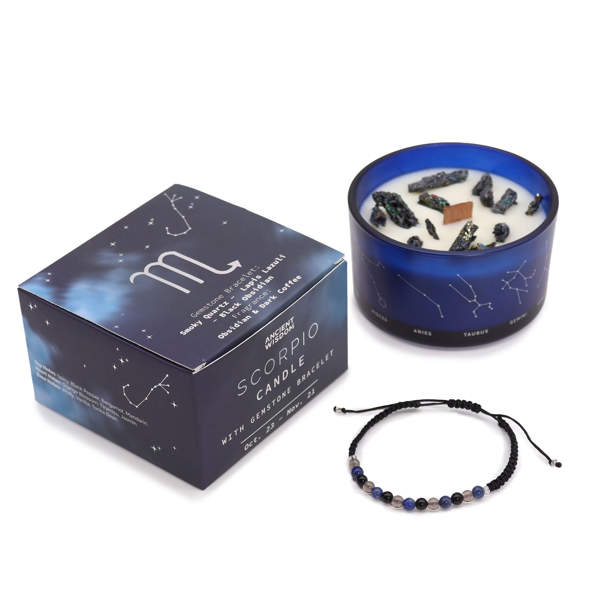 Zodiac Crystal Eco-Friendly Soy Wax Candle with Gemstone Bracelet - Scorpio product packaging on clean background from Quintessential Holistic Health Ltd