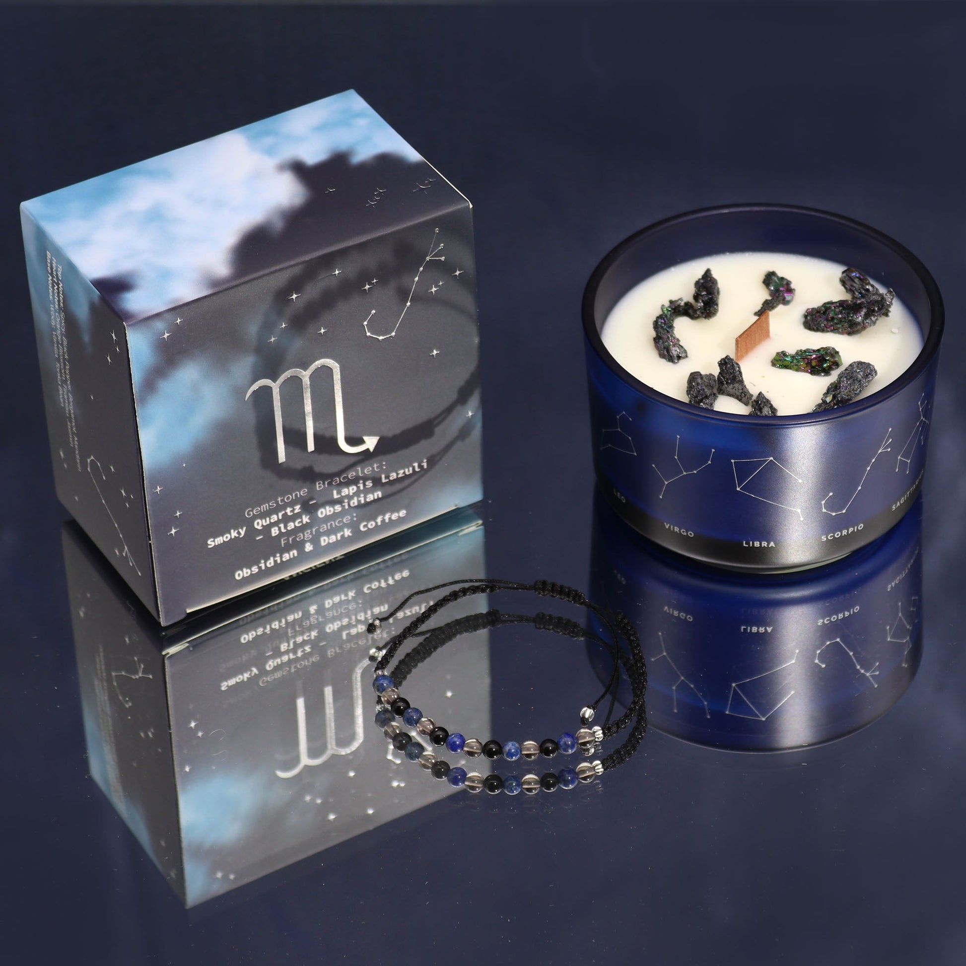 Zodiac Crystal Eco-Friendly Soy Wax Candle with Gemstone Bracelet - Scorpio product packaging on clean background from Quintessential Holistic Health Ltd
