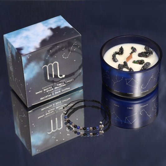 Zodiac Crystal Eco-Friendly Soy Wax Candle with Gemstone Bracelet - Scorpio product packaging on clean background from Quintessential Holistic Health Ltd