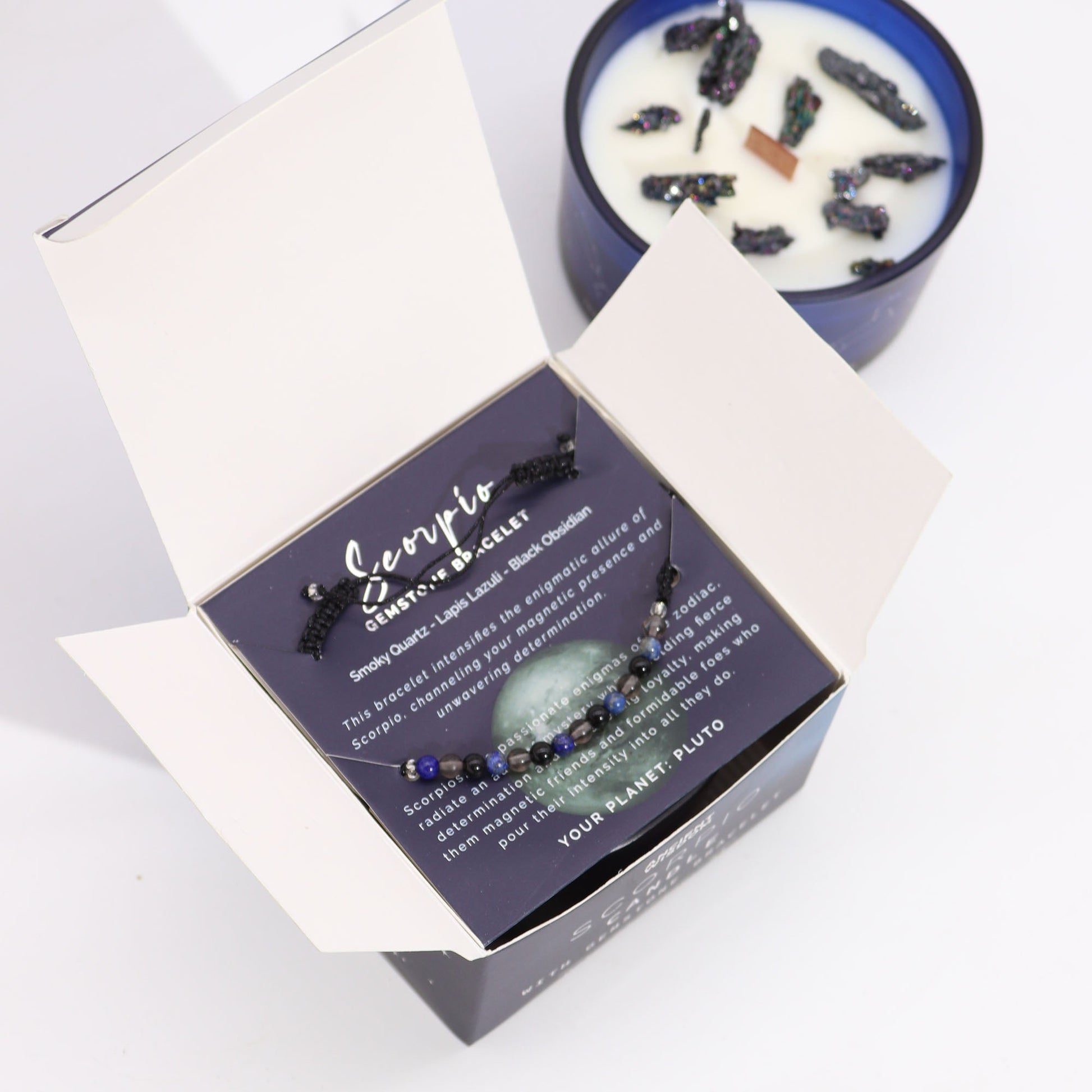 Zodiac Crystal Eco-Friendly Soy Wax Candle with Gemstone Bracelet - Scorpio product packaging on clean background from Quintessential Holistic Health Ltd