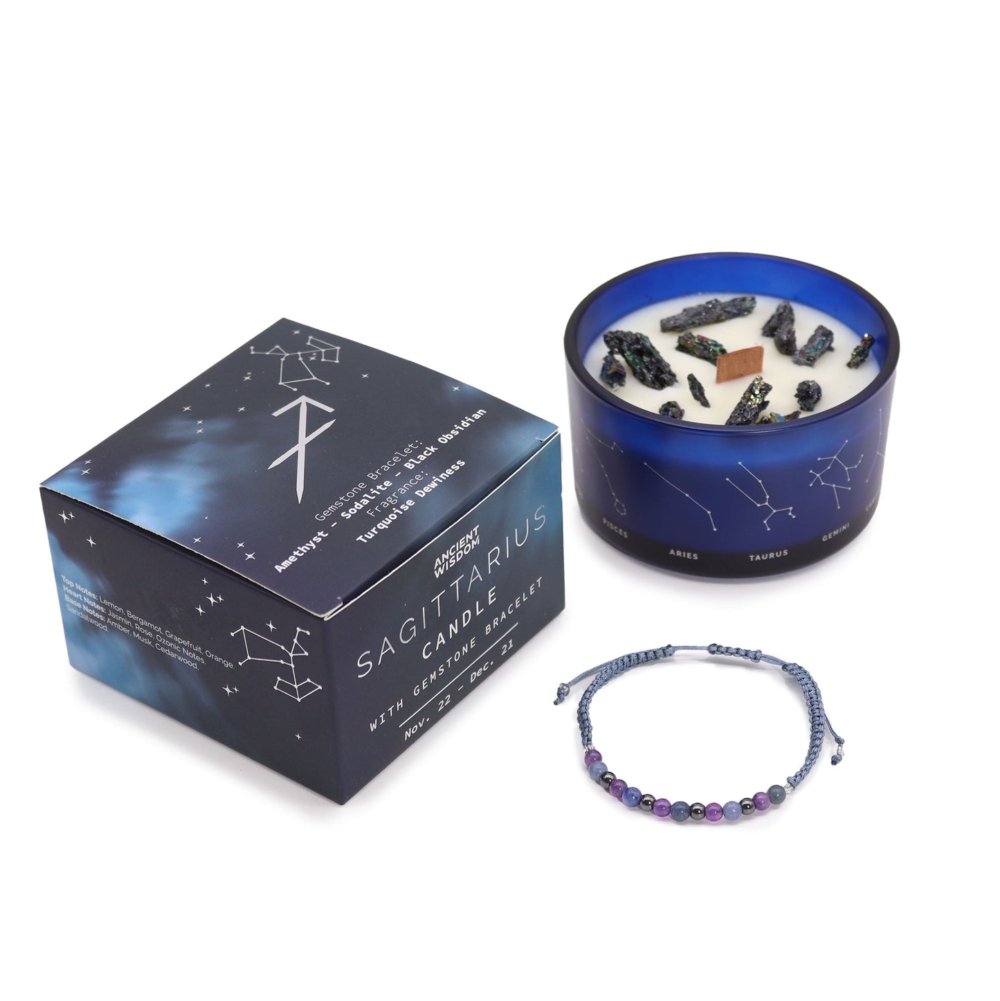 Zodiac Crystal Eco-Friendly Soy Wax Candle with Gemstone Bracelet - Sagittarius product packaging on clean background from Quintessential Holistic Health Ltd