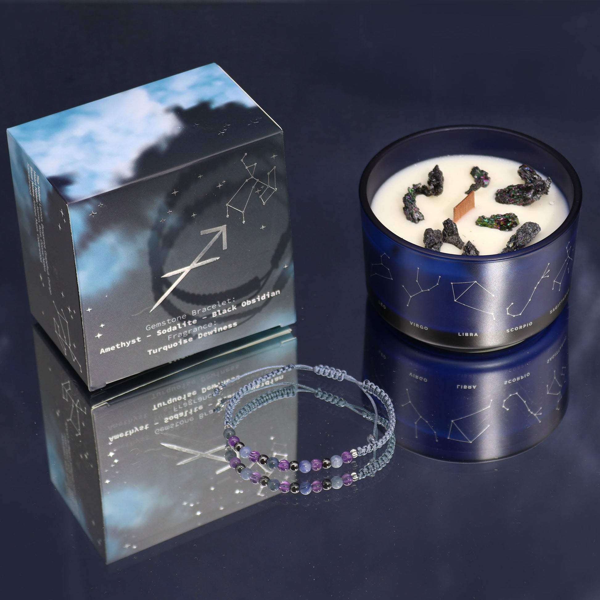 Zodiac Crystal Eco-Friendly Soy Wax Candle with Gemstone Bracelet - Sagittarius product packaging on clean background from Quintessential Holistic Health Ltd