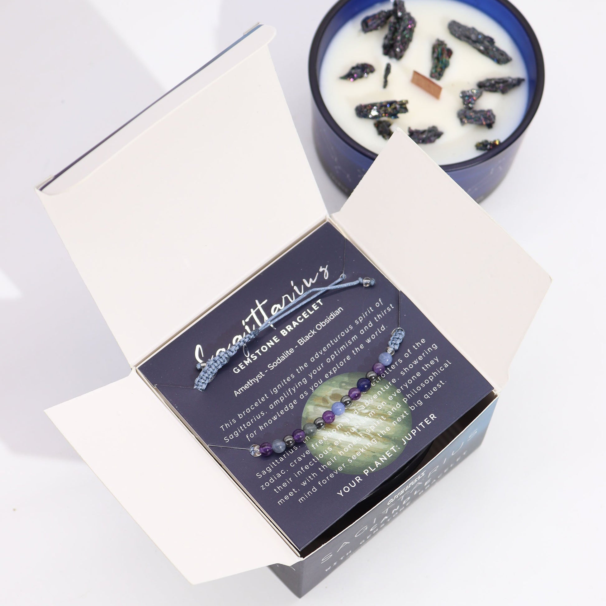 Zodiac Crystal Eco-Friendly Soy Wax Candle with Gemstone Bracelet - Sagittarius product packaging on clean background from Quintessential Holistic Health Ltd