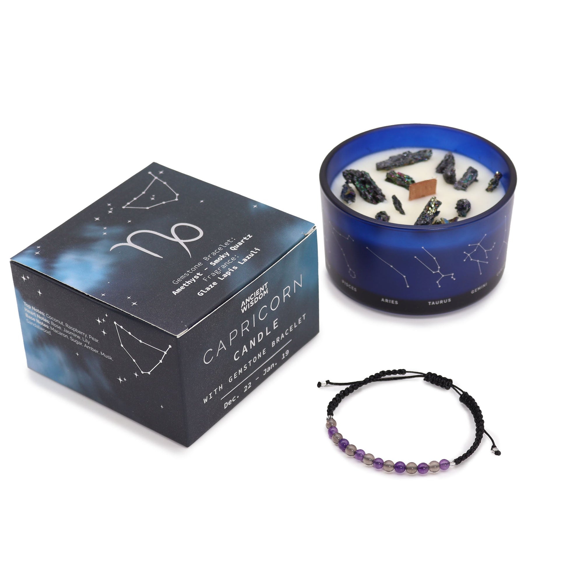 Zodiac Crystal Eco-Friendly Soy Wax Candle with Gemstone Bracelet - Capricorn product packaging on clean background from Quintessential Holistic Health Ltd