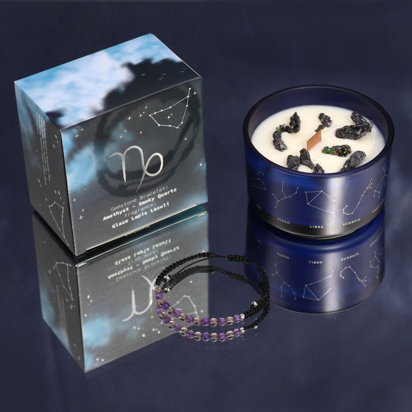 Zodiac Crystal Eco-Friendly Soy Wax Candle with Gemstone Bracelet - Capricorn product packaging on clean background from Quintessential Holistic Health Ltd
