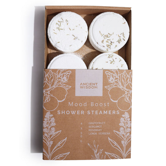 Natural Vegan-Friendly Zen Shower Steamers Therapy Wellness Gift Set - Mood Boost product packaging on clean background from Quintessential Holistic Health Ltd