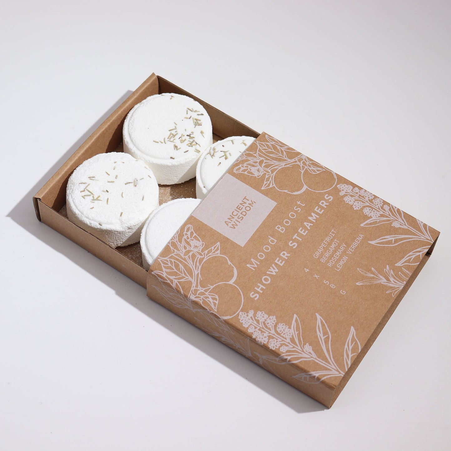 Natural Vegan-Friendly Zen Shower Steamers Therapy Wellness Gift Set - Mood Boost product packaging on clean background from Quintessential Holistic Health Ltd