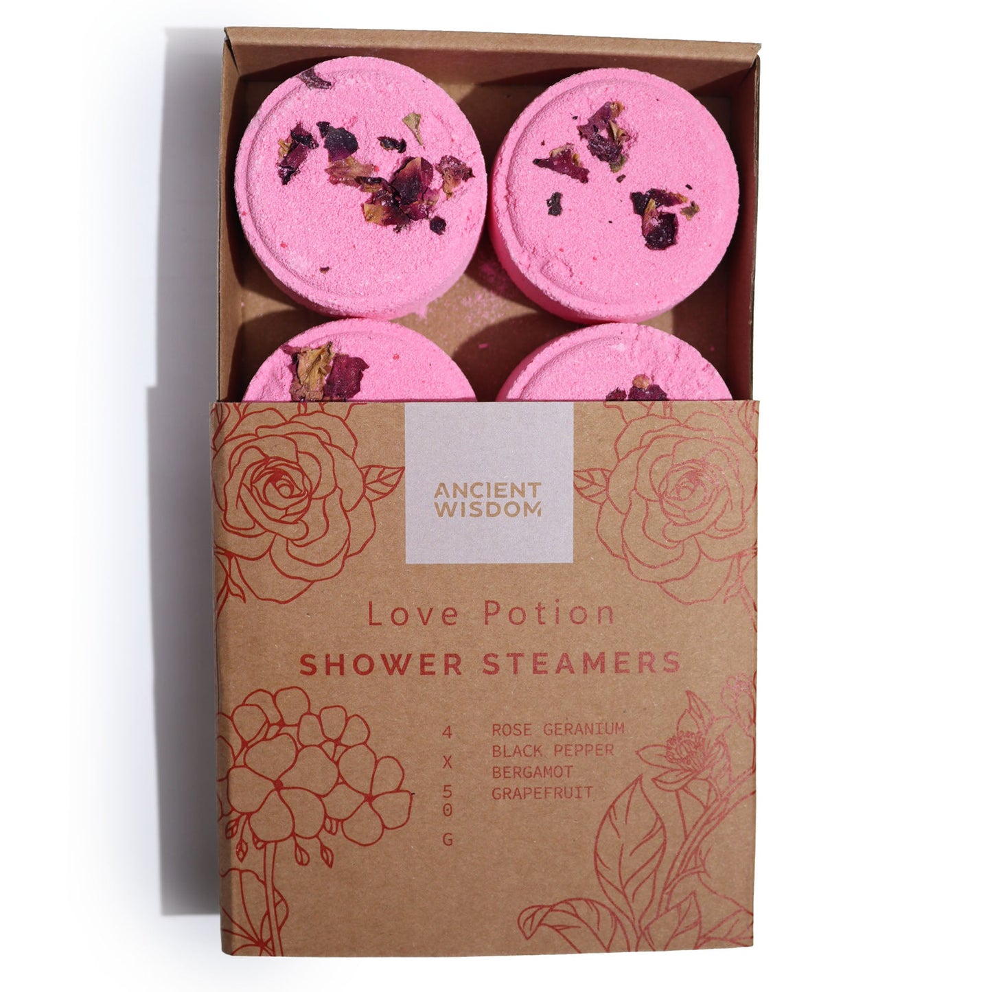 Natural Vegan-Friendly Zen Shower Steamers Therapy Wellness Gift Set - Love Potion product packaging on clean background from Quintessential Holistic Health Ltd