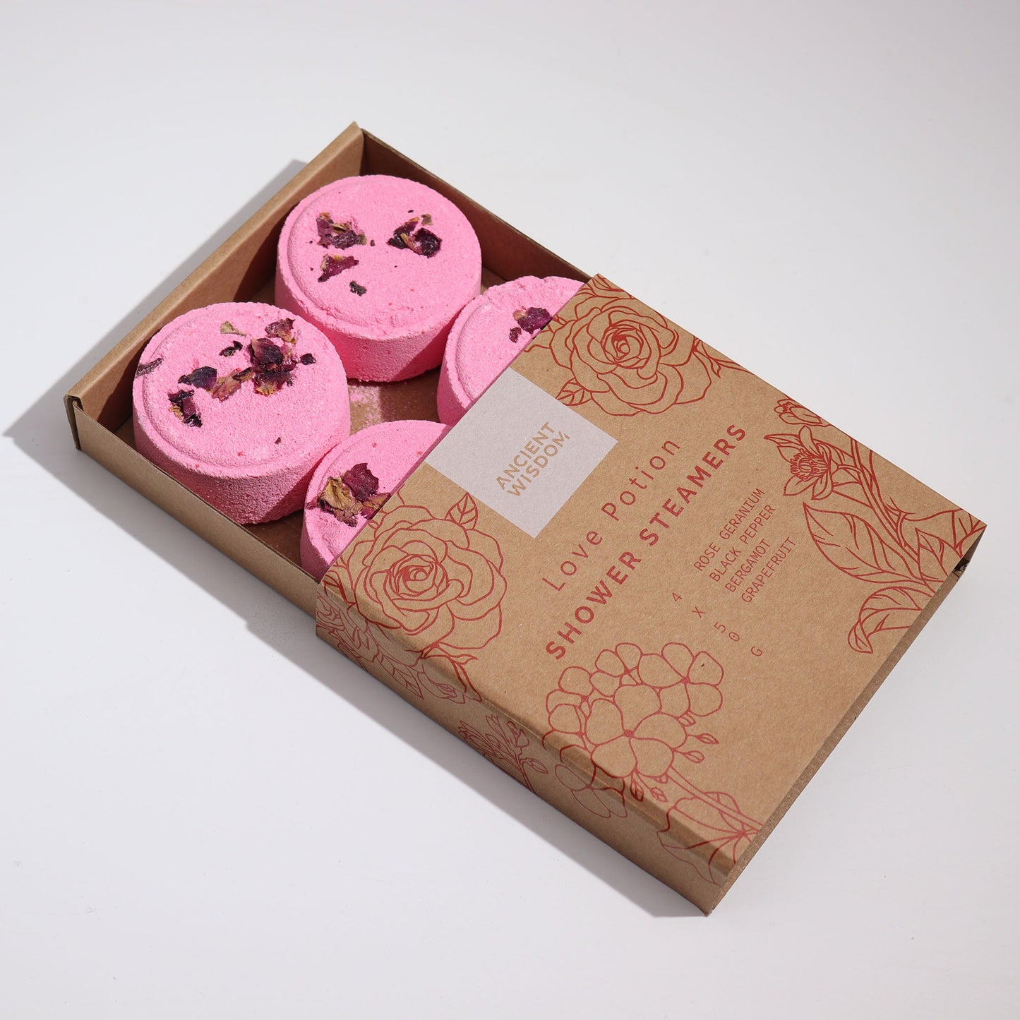 Natural Vegan-Friendly Zen Shower Steamers Therapy Wellness Gift Set - Love Potion product packaging on clean background from Quintessential Holistic Health Ltd