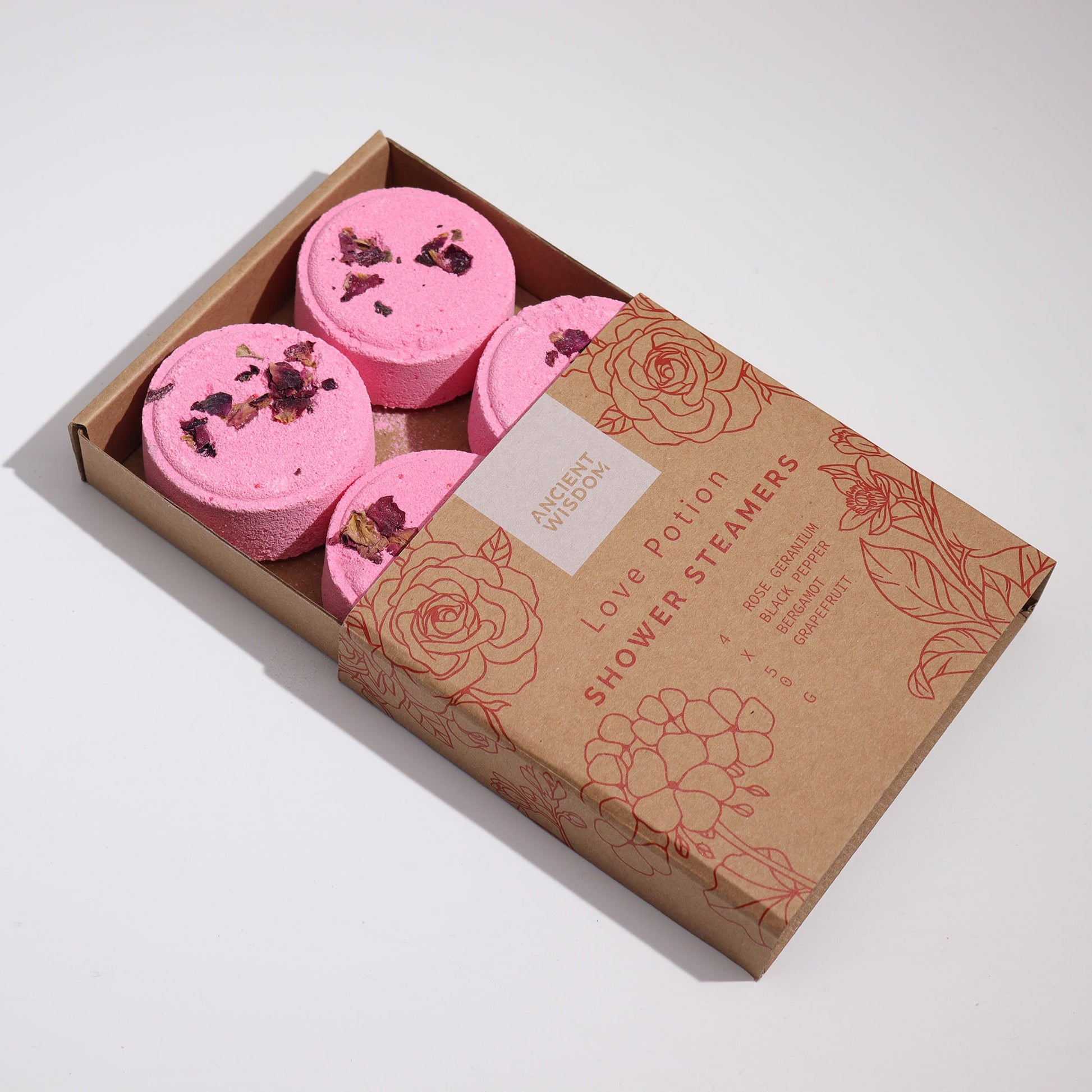 Natural Vegan-Friendly Zen Shower Steamers Therapy Wellness Gift Set - Love Potion product packaging on clean background from Quintessential Holistic Health Ltd