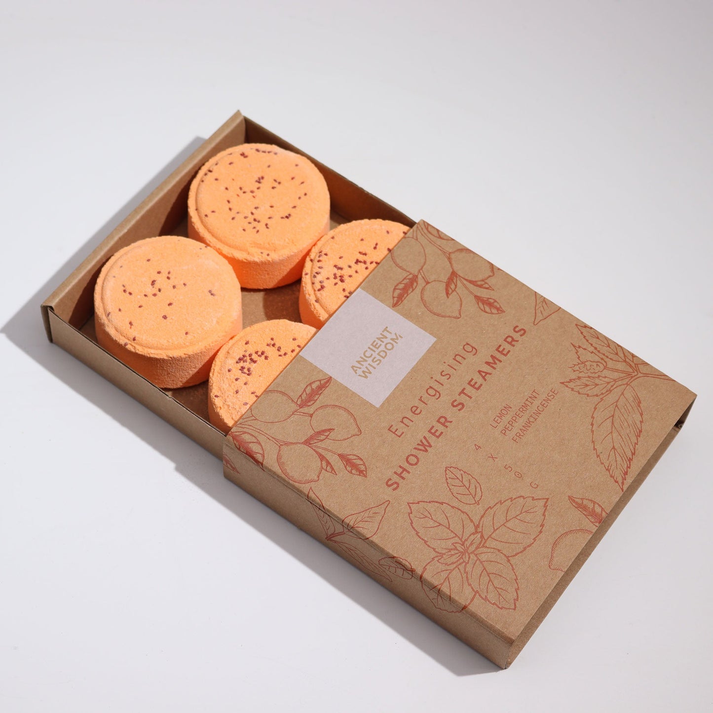 Natural Vegan-Friendly Zen Shower Steamers Therapy Wellness Gift Set - Energising product packaging on clean background from Quintessential Holistic Health Ltd